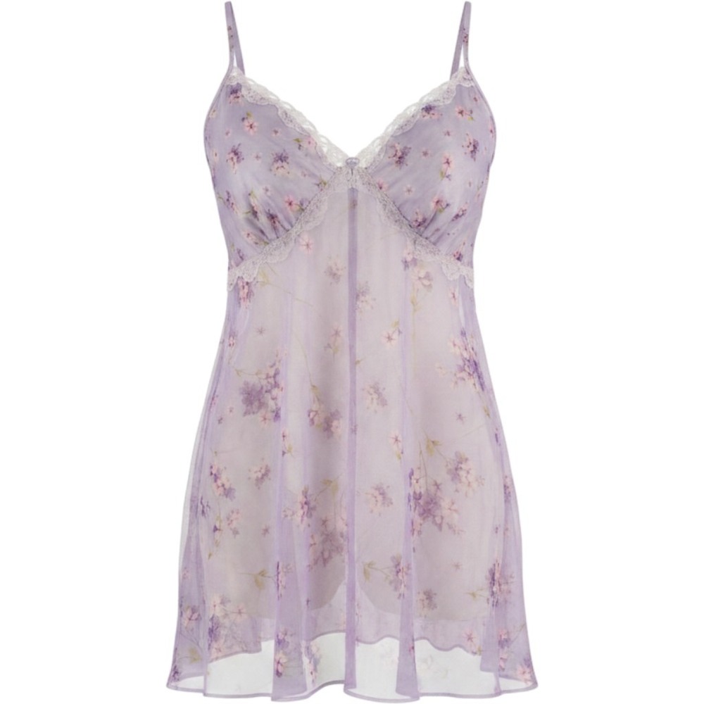 Secret Treasures Women's Large Purple Floral Lace Sheer Babydoll Cami Lingerie